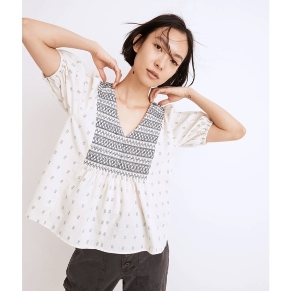 Madewell Summer 2022 Embroidered-Yoke Top in Clipdot Ikat Swiss Dot Size XS